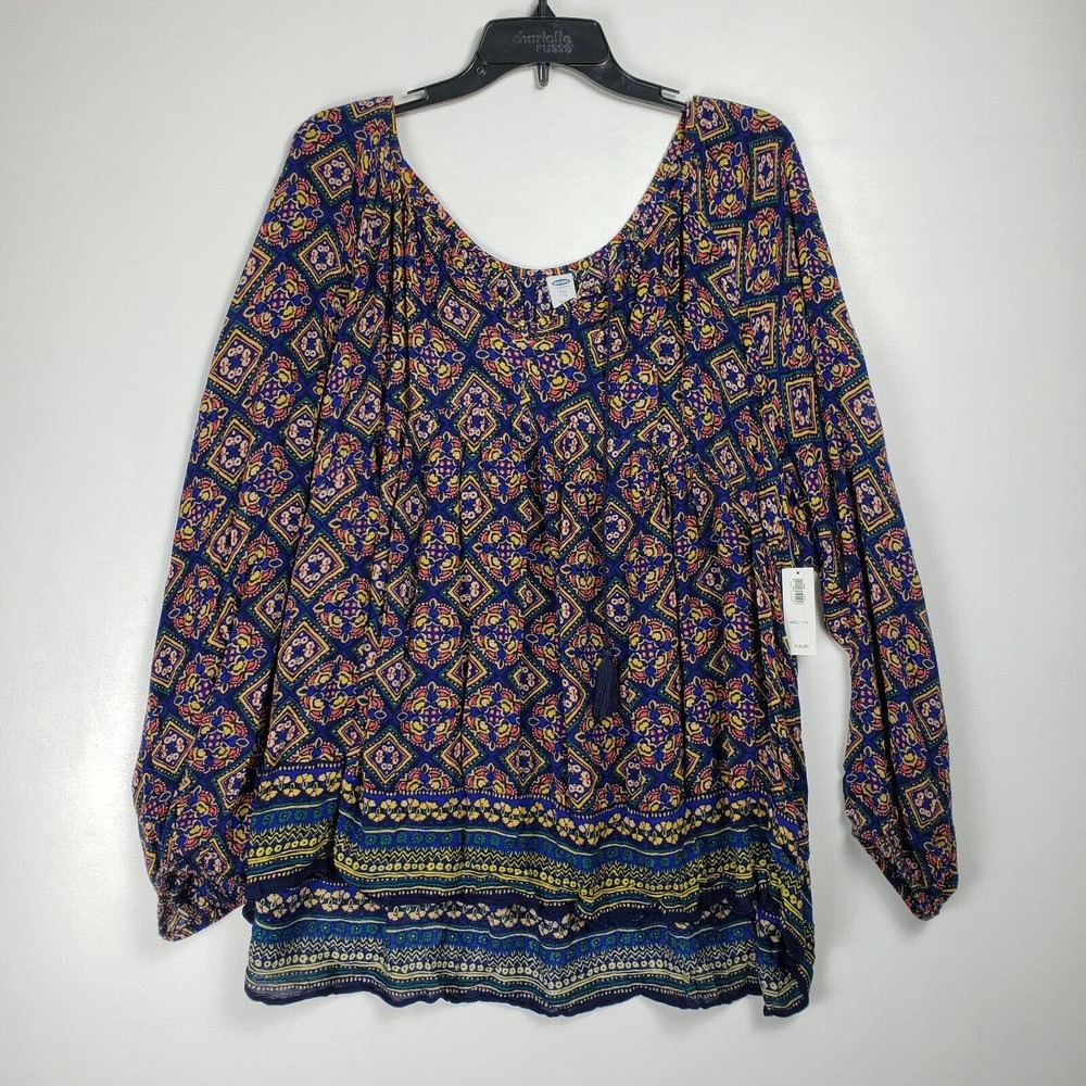 NWT Old Navy Blouse Top Womens Size XXL Multicolor Bohemian Long Sleeves Tassel